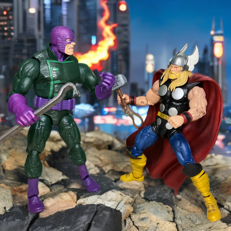 Image of Wrecking Crew battling Thor, with Asgardian magic crowbar and city ruins.
