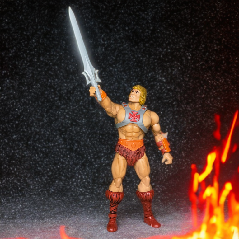 He-Man, in einem grauen Harnisch und einem Lendenschurz aus Fell, erhebt sein Power-Schwert in einer schattigen Höhle und steht Skeletor gegenüber, dessen grüner Schädel unter einer lila Kapuze leuchtet und der einen Havoc-Stab schwingt.