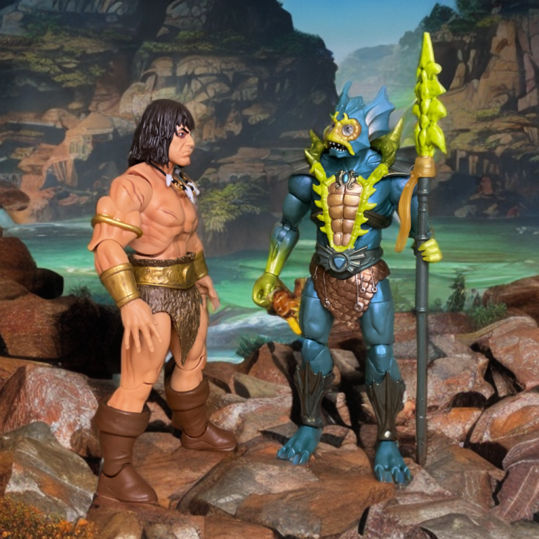 Conan the Barbarian, muscular and ready, stands opposite Mer-Man with trident on cliffside by sea.