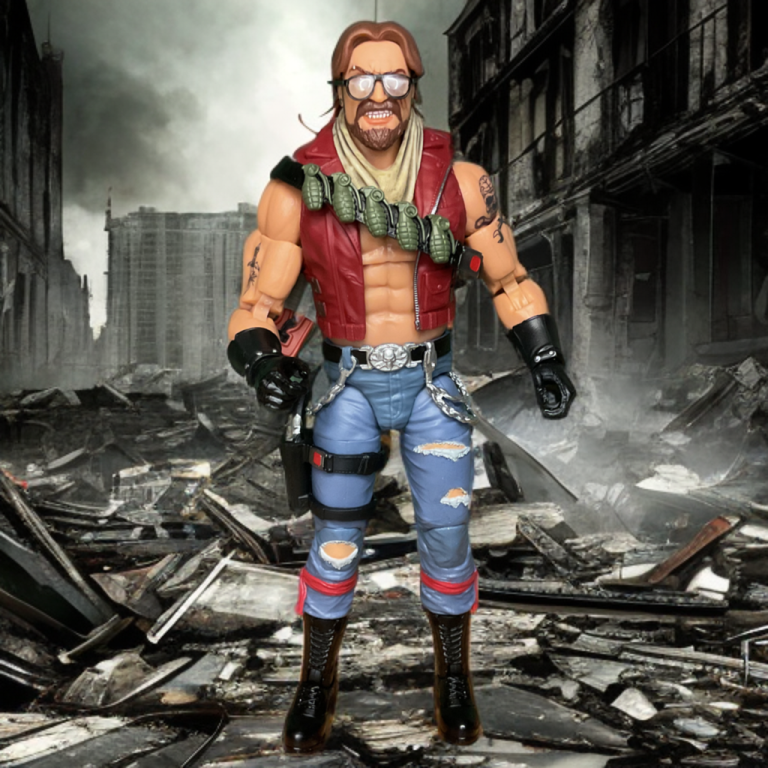 Monkeywrench standing in the the rubble of an apocalyptic city under a gray smoky sky.
