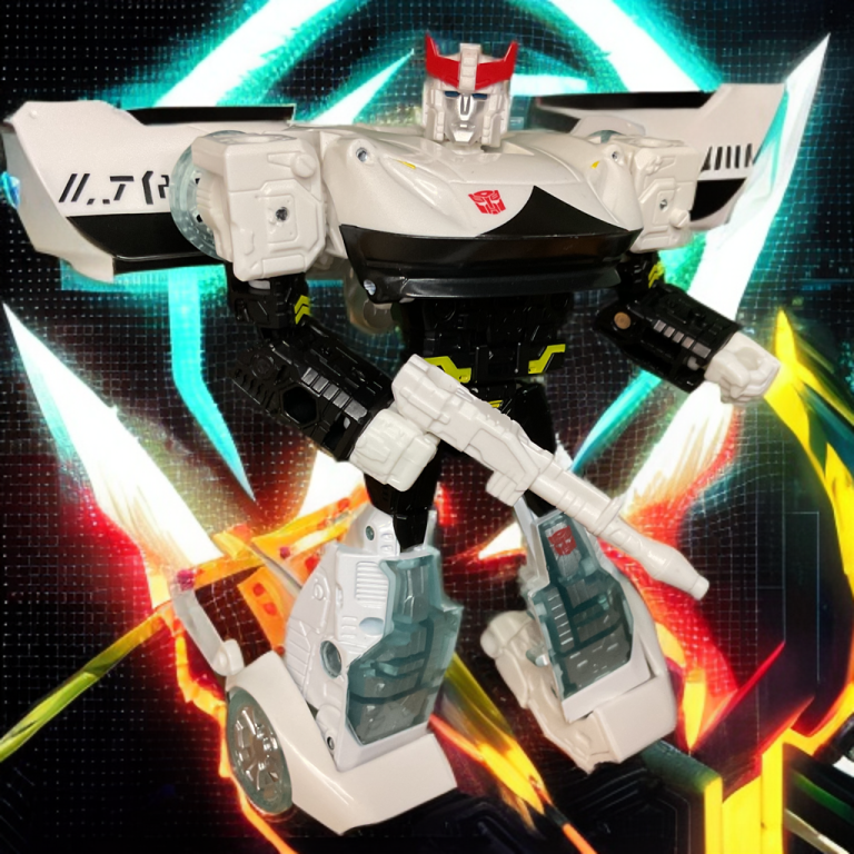 In robot mode, Prowl features a blocky design with black/white/translucent blue-green plastic, door wings on back, hood chest, and iconic head with crest, horns, and light blue eyes. Silver/yellow/red paint accents highlight details, with five 5mm weapon ports and ball-jointed articulation for expressive poses.