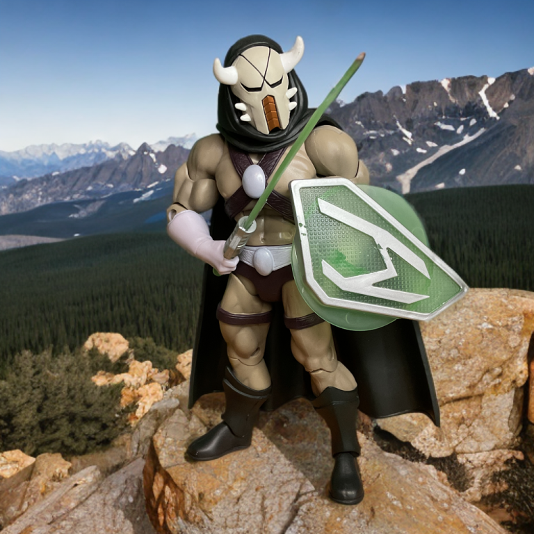 Hooded Lord Masque with horned mask, green sword, and shield, standing on a mountain ledge with snowy peaks and forests in the background.