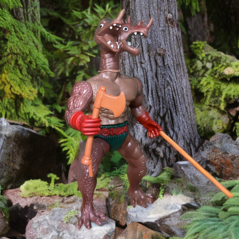 Close-up of Hydraz’s horned head and textured skin against the rocky forest base.