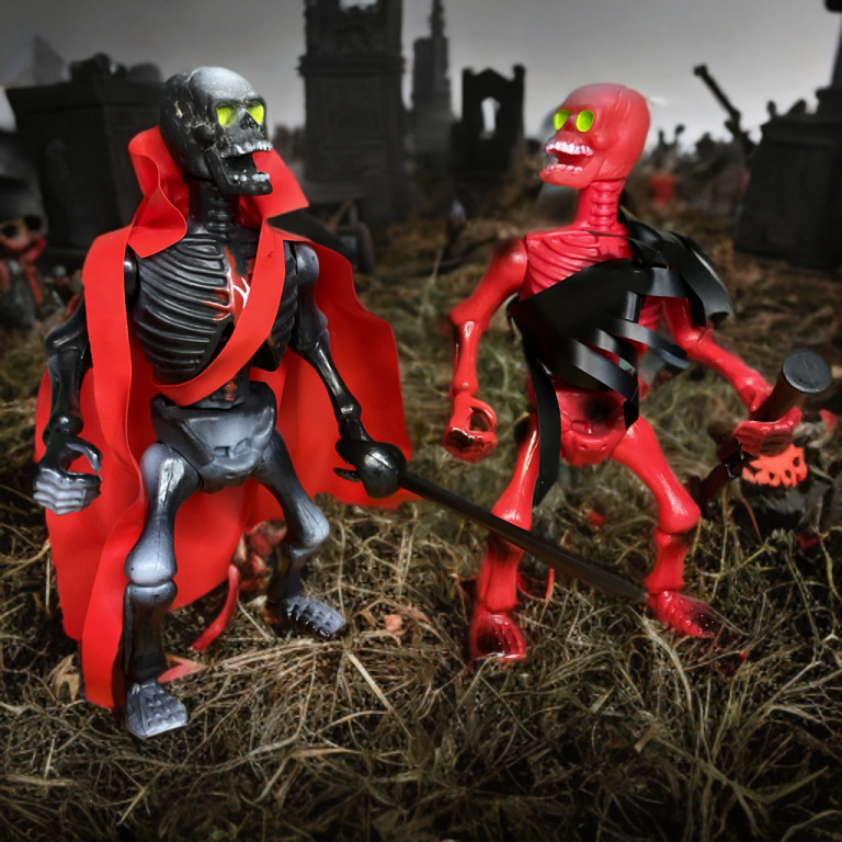 In a foggy graveyard with ruined towers, Crossbones, a skeletal pirate with yellow glowing eyes and a red cape, clutches a curved sword. Beside him, Ribs, with a crimson skull and green eyes, holds a spiked hammer, black bandages wrapping his torso, standing on thorny ground with scattered leaves.