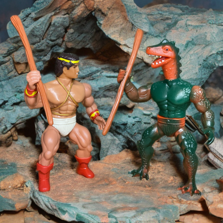 Hercules Unbound wielding a club against Stegos in a lush Lost World setting.