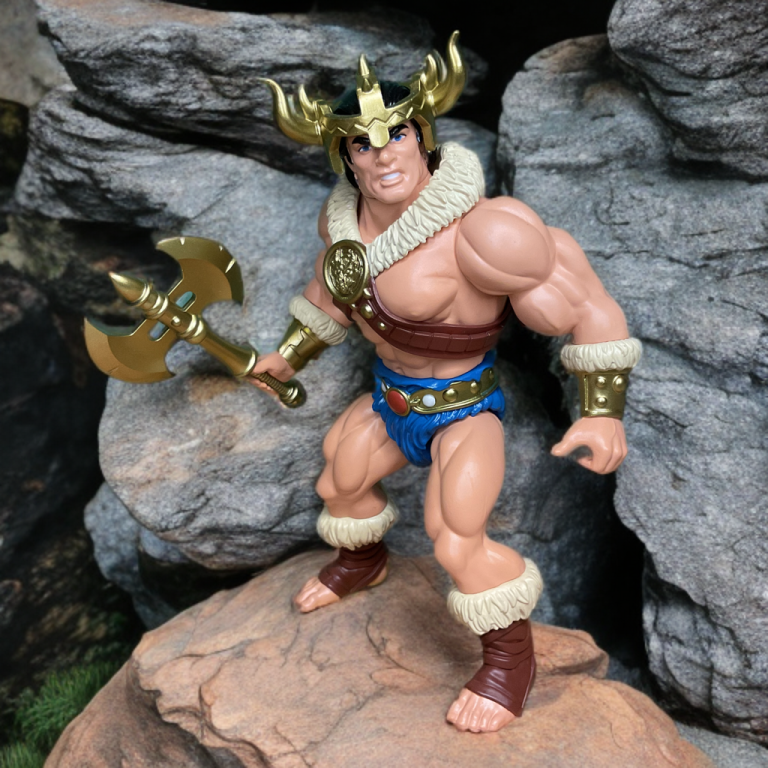 Image of Barbaro wielding a golden axe atop a rocky outcrop in the Dragonore photo shoot.