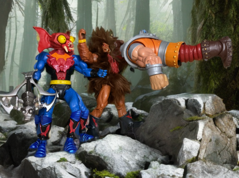 Jungle ambush scene with Mantenna, Grizzlor, and Ram Man in mid-action from MOTU Classics.