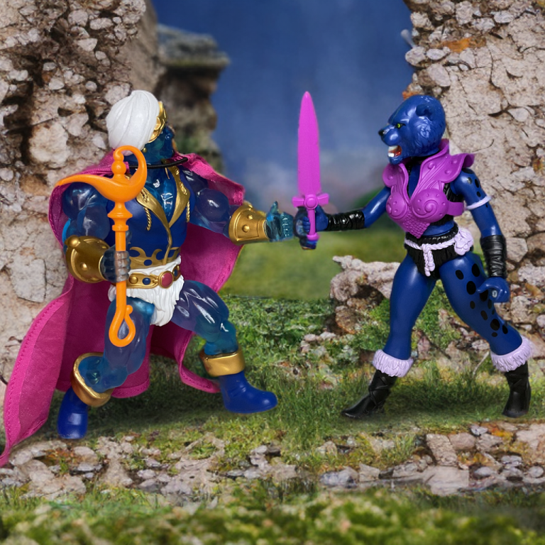 Photo of Ka-Rem versus Pantera in a ruined shrine from the Dragonore photo shoot.