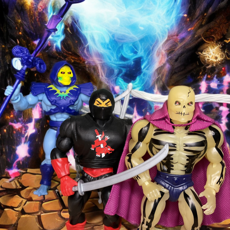 Dramatic diorama image of Skeletor standing with his back turned, illuminated by a glowing blue arcane portal, flanked by shadowy allies Ninjor and Scareglow in spectral light.