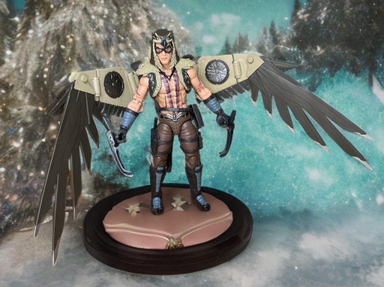 Chip "Raptor" Talon from G.I. Joe Classified #139, sporting a bird belt buckle and cowl, with General Ledger perched securely, displayed with a folded wing pack against a surreal backdrop.