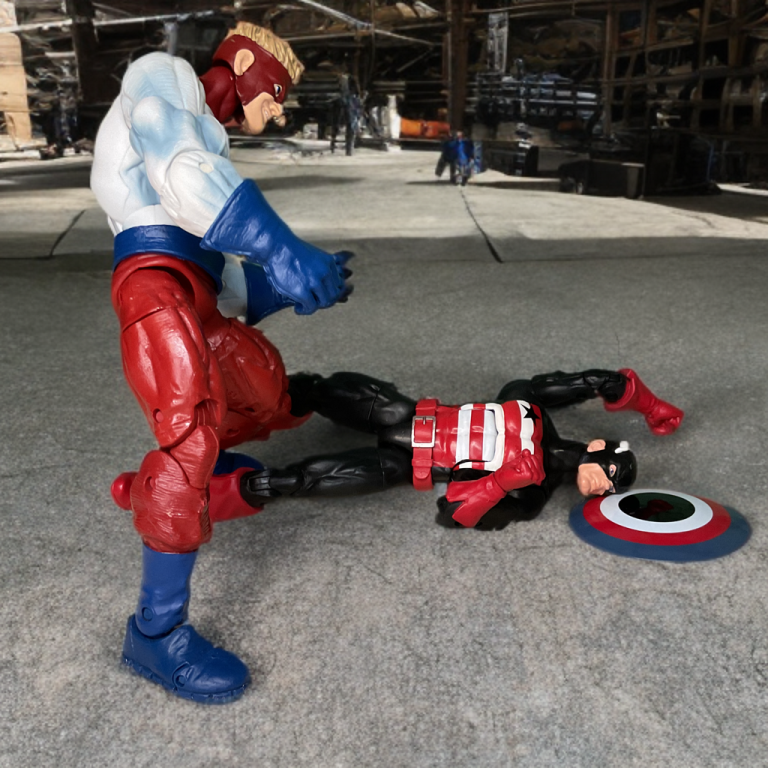 Scene of U.S. Agent and Piledriver fighting on a city rooftop at sunset.