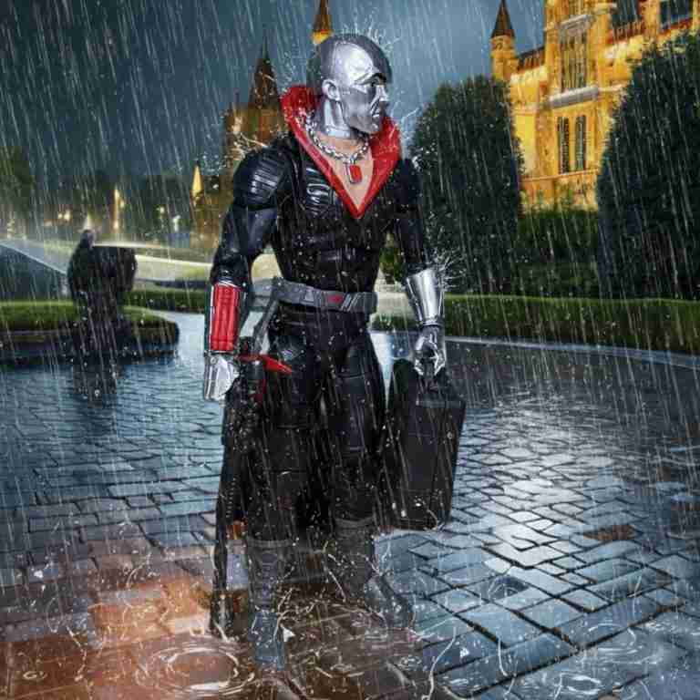 A G.I. Joe Classified action figure of Destro, in a black uniform with a red collar and metallic face, stands on a rain-soaked cobblestone path holding a black briefcase. The shadowy silhouette of Castle Destro looms in the stormy background, with warm lights glowing through the mist.