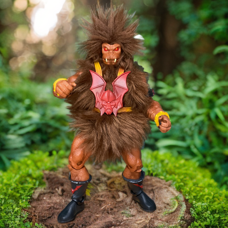 Grizzlor roaring with wild fur and weapon in a MOTU Classics jungle setting.