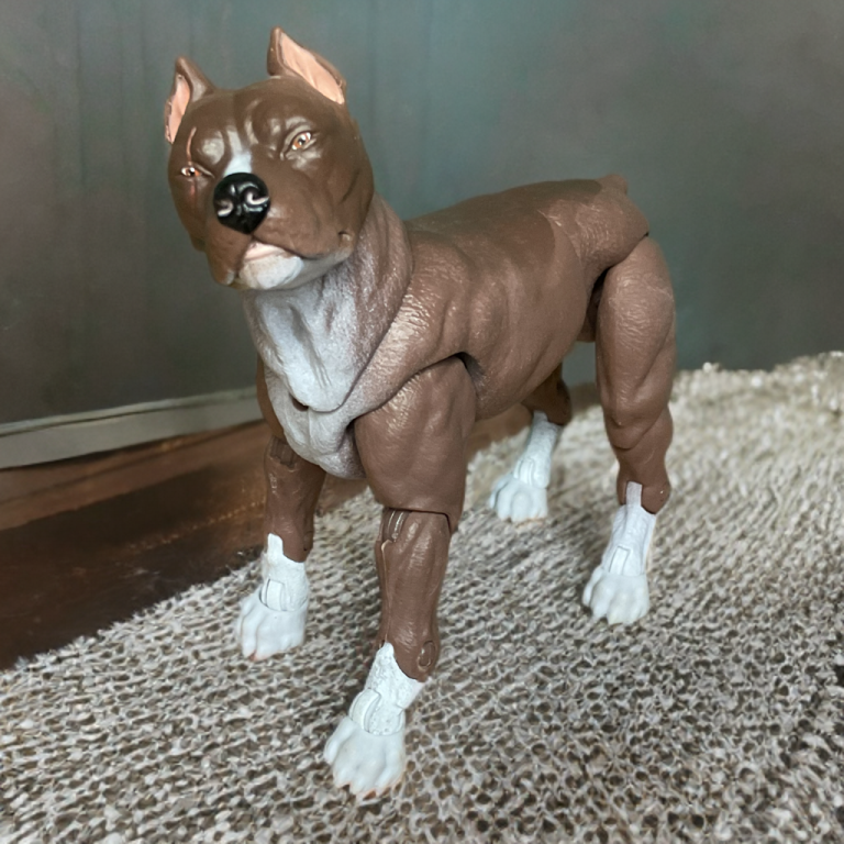 Rawkus, um pit bull com uma cabeça com cicatrizes e dentes nus e uma cabeça alternativa de “bom menino”, reutiliza o molde de Junkyard, mas acrescenta ameaça e charme exclusivos. Sua articulação excepcional permite poses sentadas, atacando ou implorando, tornando-o um destaque na Classified Series, elogiado pelos colecionadores apesar da crítica à cauda cortada.