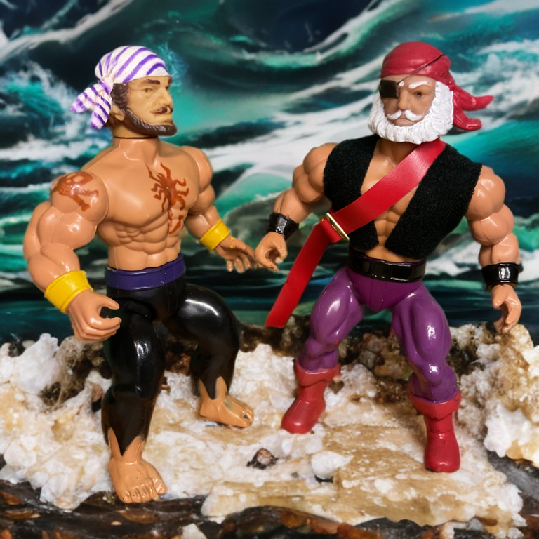 Tattoo and Patch stand boldly on a sandy outcrop, waves crashing behind them. Tattoo's scorpion tattoo and Patch's red sash gleam, their rugged stances exuding defiance against the turbulent sea.