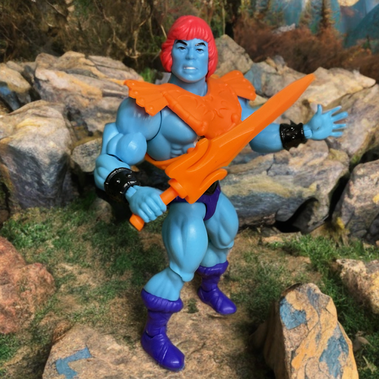 MOTU origins Faker action figure in blue armor, posing as He-Man with laser eye activated, against a Eternia background.