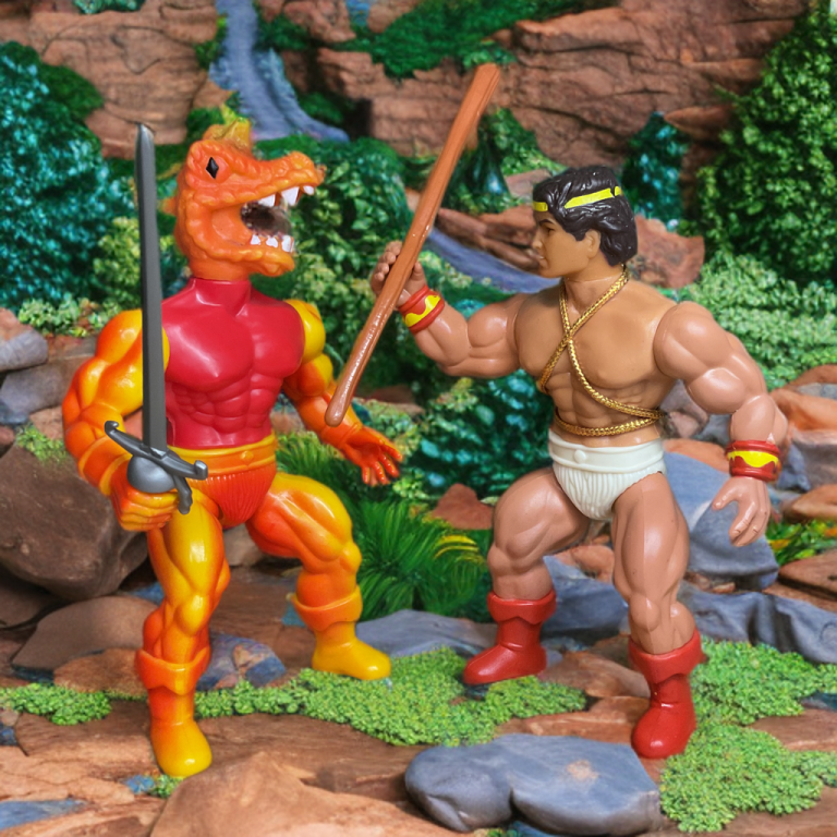 Intense clash between Hercules Unbound and Ramar with swords on a rocky cliff.