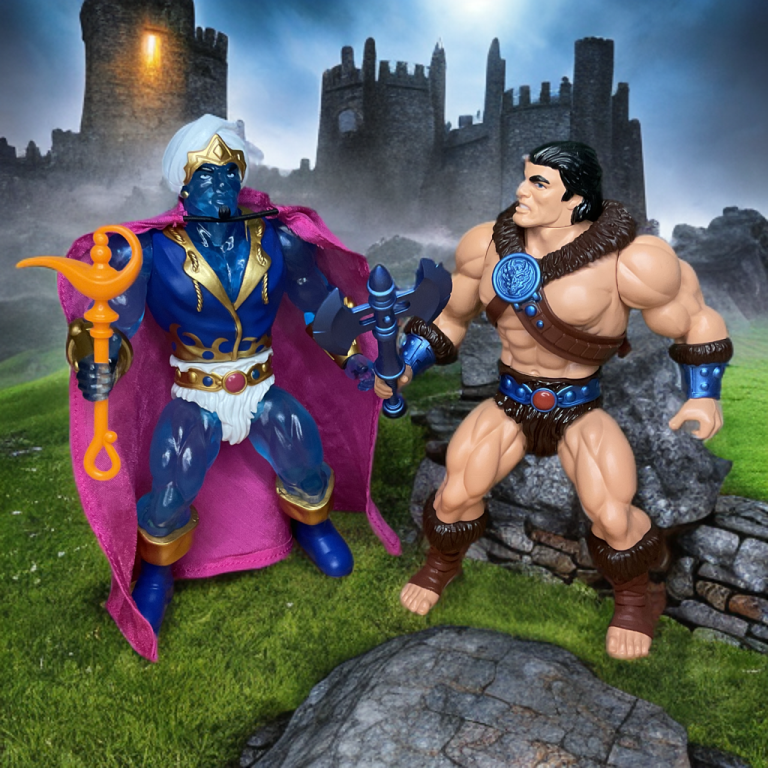 Photo of Ka-Rem and Barbaro dueling near a crumbling castle in the Dragonore series.