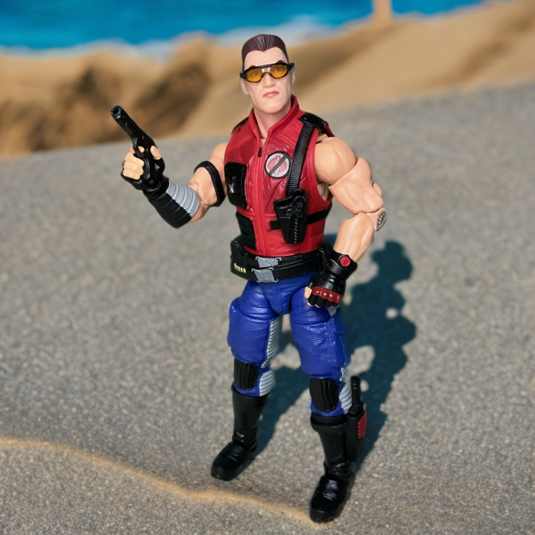 Mercer Stratton posou em meio à ação em um diorama de terreno acidentado.