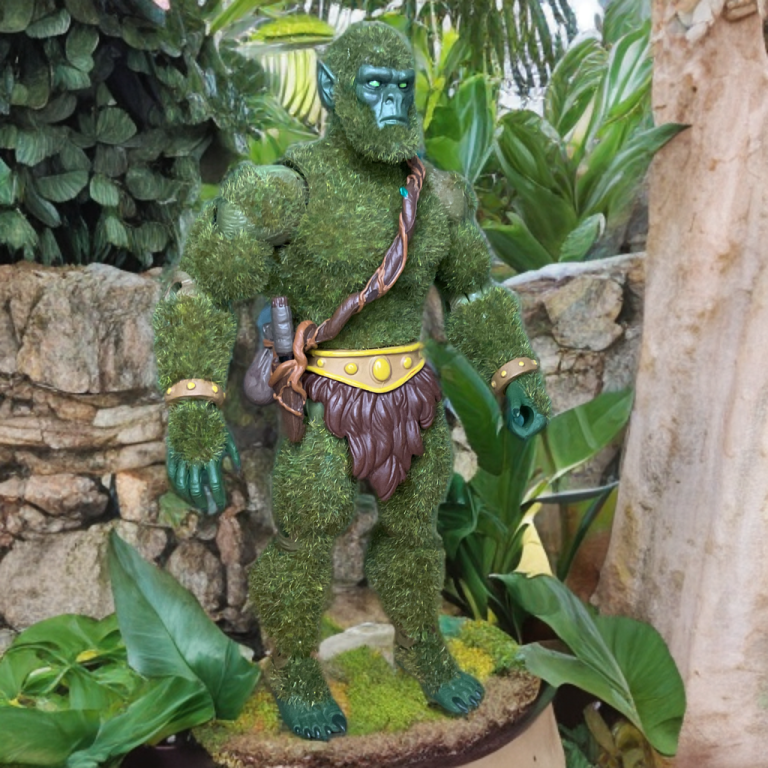 El Hombre de Musgo está solo en un escenario con grandes hojas verdes y un tronco de árbol. Su pelaje desgreñado, parecido al musgo, es claramente visible, y está de pie en una postura relajada y segura, mirando al espectador.