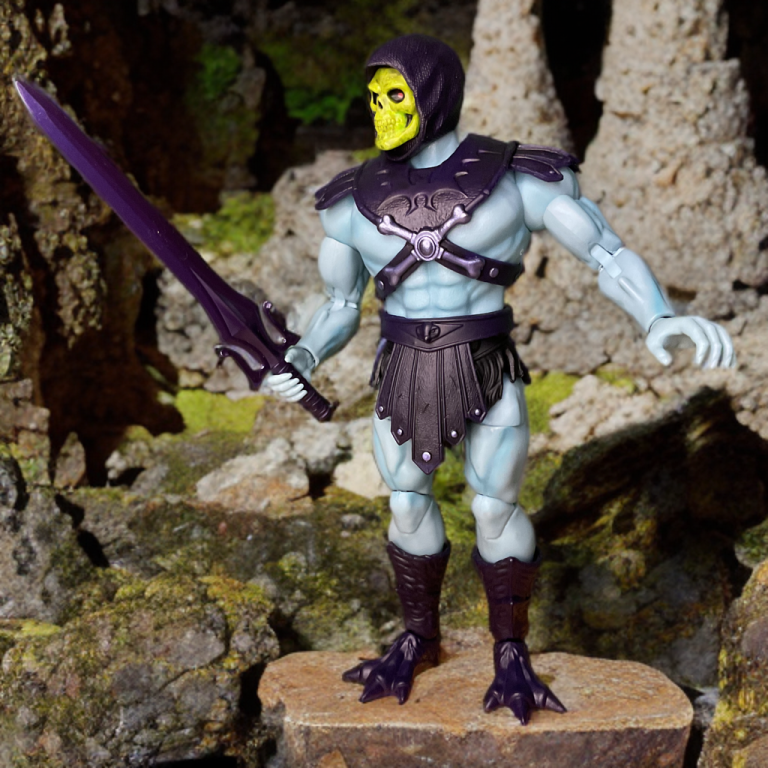 Skeletor steht mit seinen Klauenfüßen und seinem gezackten Schwert allein in einer felsigen Schlucht.