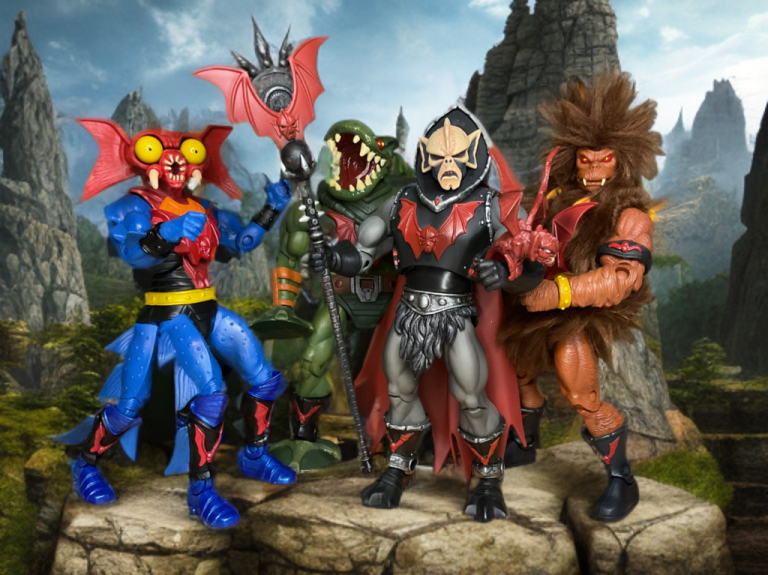 Image of Evil Horde characters Mantenna, Leech, Hordak, and Grizzlor posed together in a MOTU Classics photo shoot.