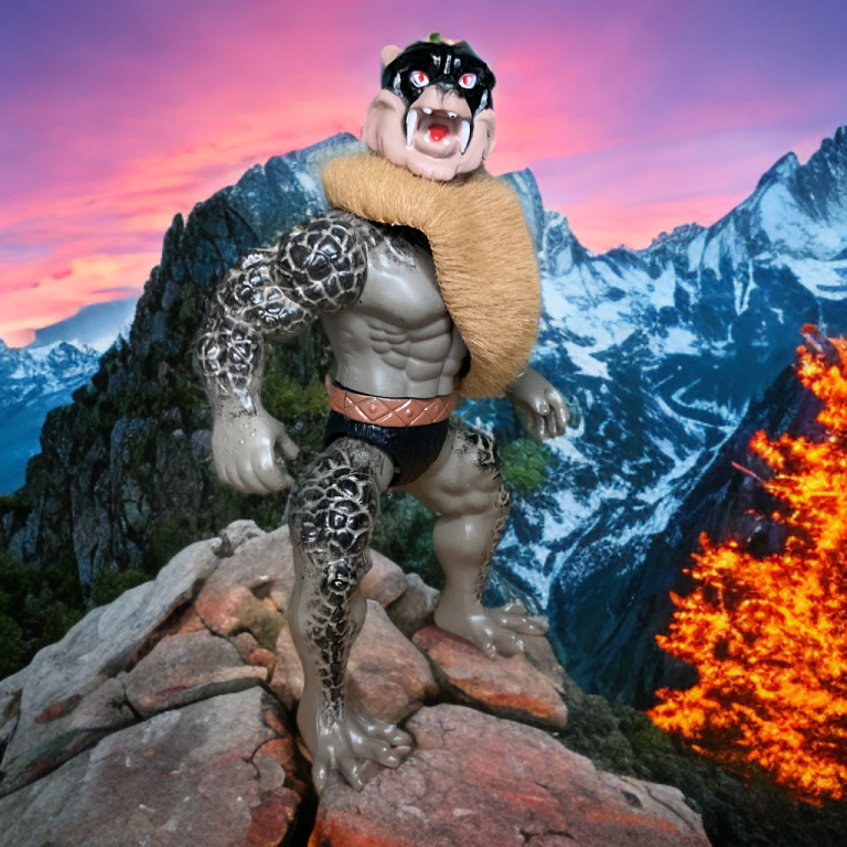 Wolf Warrior, a figura cinzenta semelhante a um lagarto com gola e máscara de pele, posou de forma dominante em um afloramento rochoso contra montanhas de crepúsculo rosa-púrpura, picos nevados e uma árvore de fogo ao fundo.
