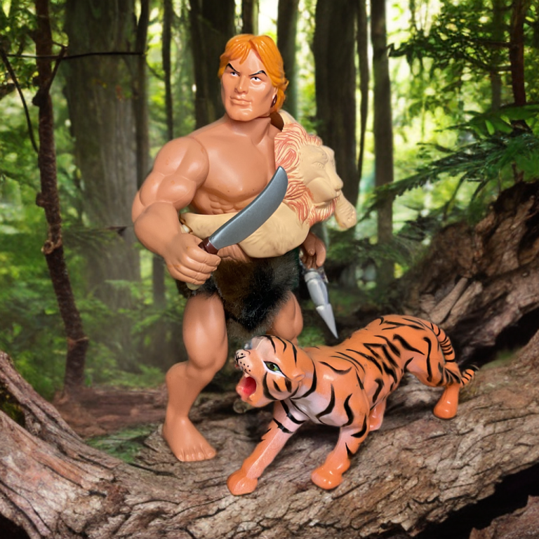 Muscular Jungle Lord with sword and tiger companion posing fiercely in lush forest setting, embodying Frazetta’s primal fantasy art.