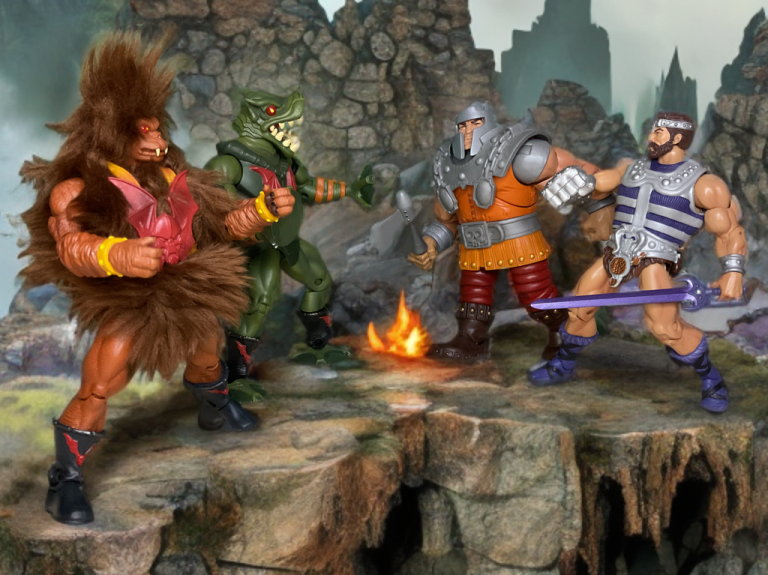 Group battle of Grizzlor, Leech vs. Ram Man, Fisto with fire in a MOTU Classics photo.