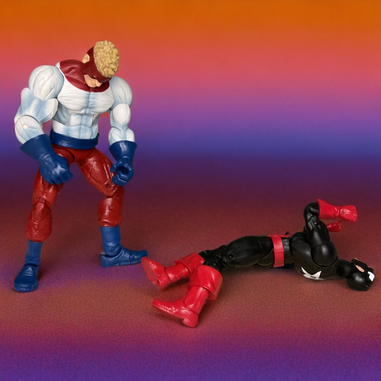 Image of U.S. Agent and Piledriver fighting atop a glowing skyline.