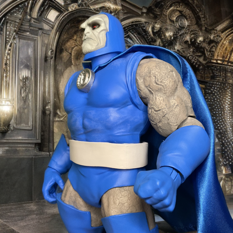 Darkseid, with glowing red eyes and imposing armor set against an Apokolips backdrop, symbolizing their tragic dynamic.