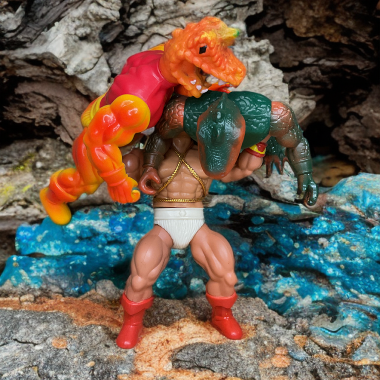 Epic battle scene with Hercules Unbound lifting Warrior Beasts in a 1982 Remco photo shoot.