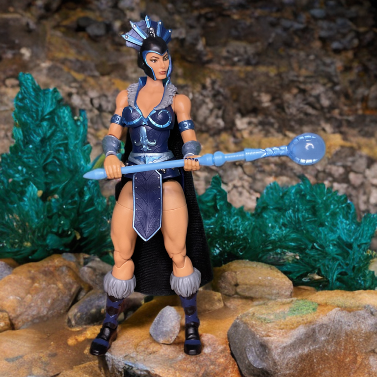 Die 7-Zoll-Masterverse-Figur Evil-Lyn posiert mit ihrem zweiteiligen Stab, einem blassen Teint, pelzigen Stiefeln und einem Gothic-Kragen vor einem Felsen mit Büschen im Hintergrund.