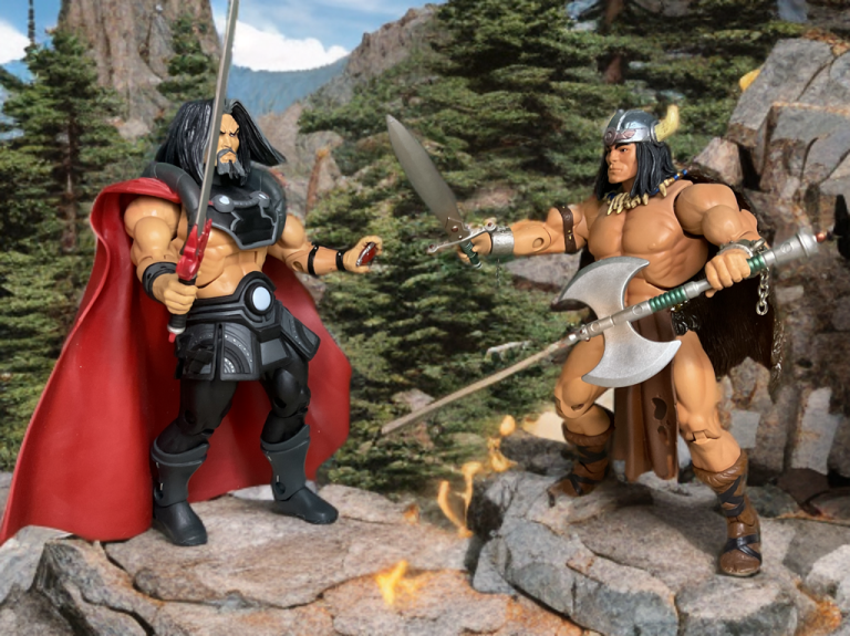 Count Marzo and Vikor in sword fight, amulet glowing, on a forested cliff with flames at their feet.