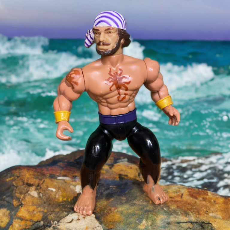Tattoo, a muscular pirate with a purple-and-white bandana and bearded face, stands on a rocky outcrop with cerulean waves and a purple sky behind. His bare chest displays a red scorpion tattoo, yellow wristbands adorn his arms, and black pants flare at the ankles, with a hook-like hand extended forward.