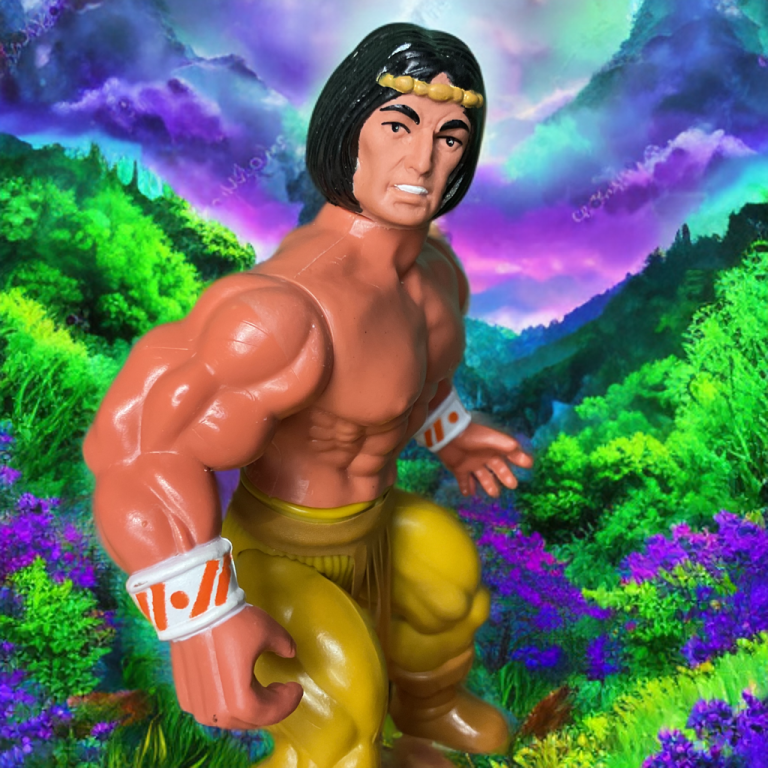 Triumphant hero pose of Arak in a surreal landscape under purple and pink skies, symbolizing victory over mythical beasts.