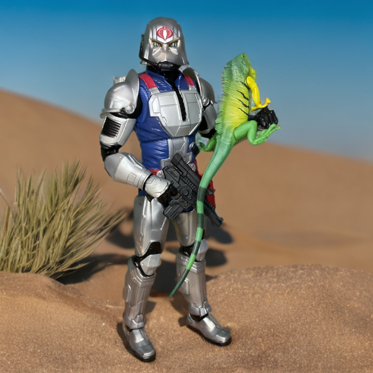 The #168 Cobra Commander figure with its pet iguana “Serpentor,” green with yellow and black stripes, crawling beside the armored villain.