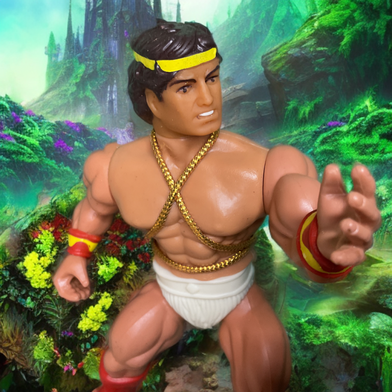 Hercules Unbound posing victoriously with a castle backdrop in a Remco photo shoot.