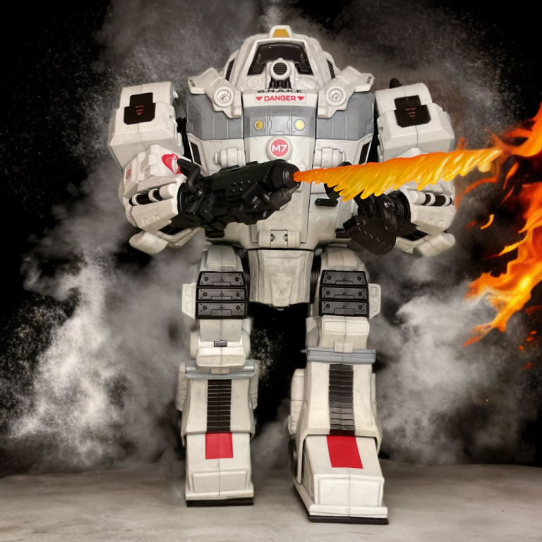A figura de ação Cobra S.N.A.K.E. Suit, com seu peitoral com capuz de cobra e viseira amarela, apresenta-se dinamicamente com mãos alternadas e uma pistola no coldre disparando.