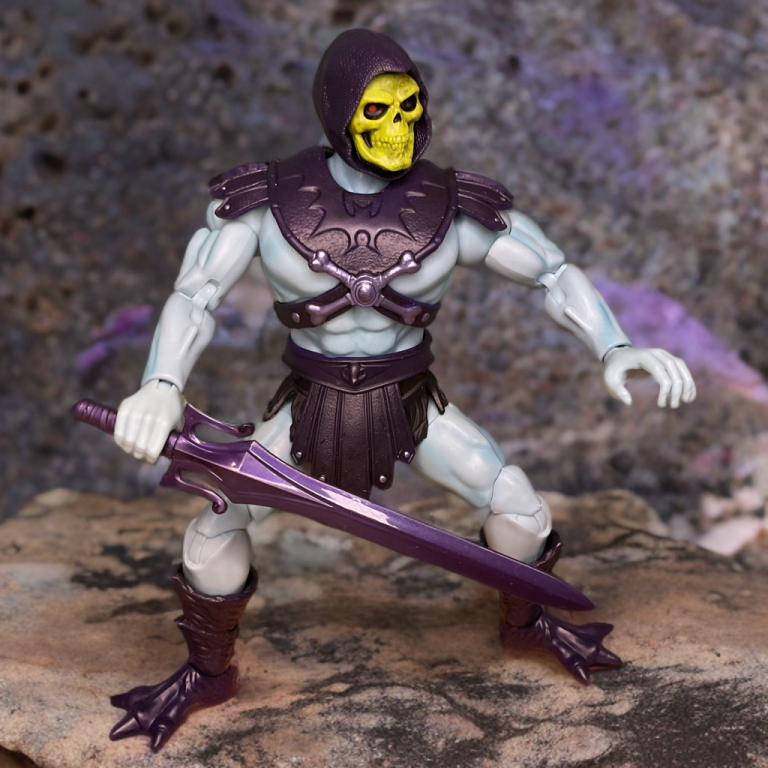 Masterverse Vintage Skeletor in a dynamic pose, gripping the Power Sword with swappable hands.