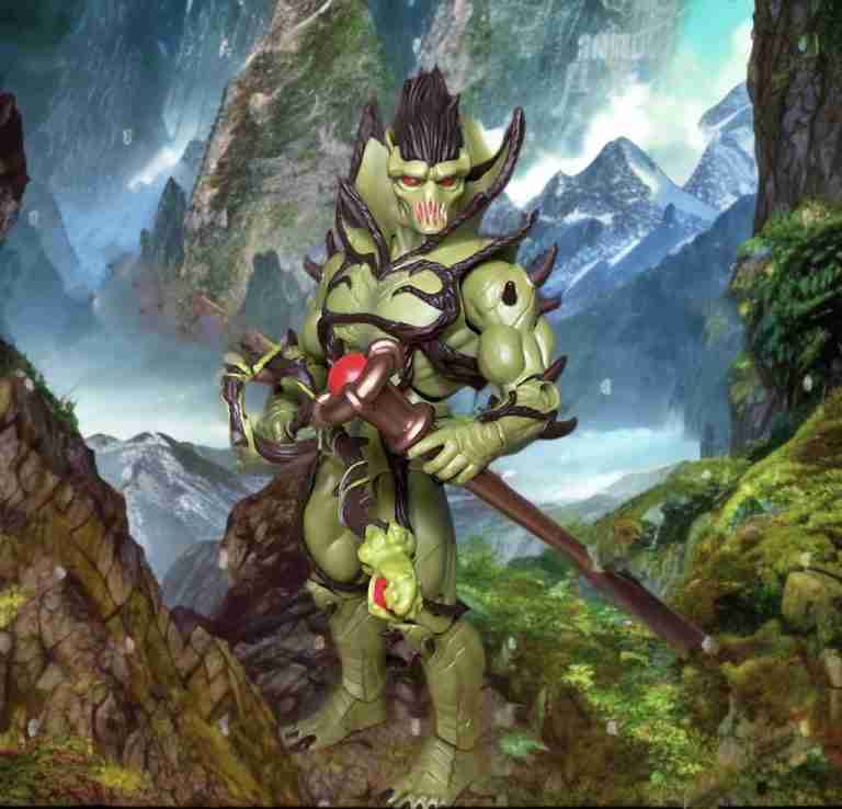 Green-skinned Evil Seed with thorny vines, holding a staff and hammer, posed in a lush mountainous valley with misty peaks.