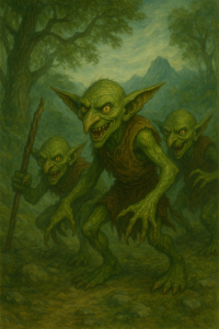 Um grupo de Nilbogs viajando pela floresta neste desenho épico de conto de fadas.