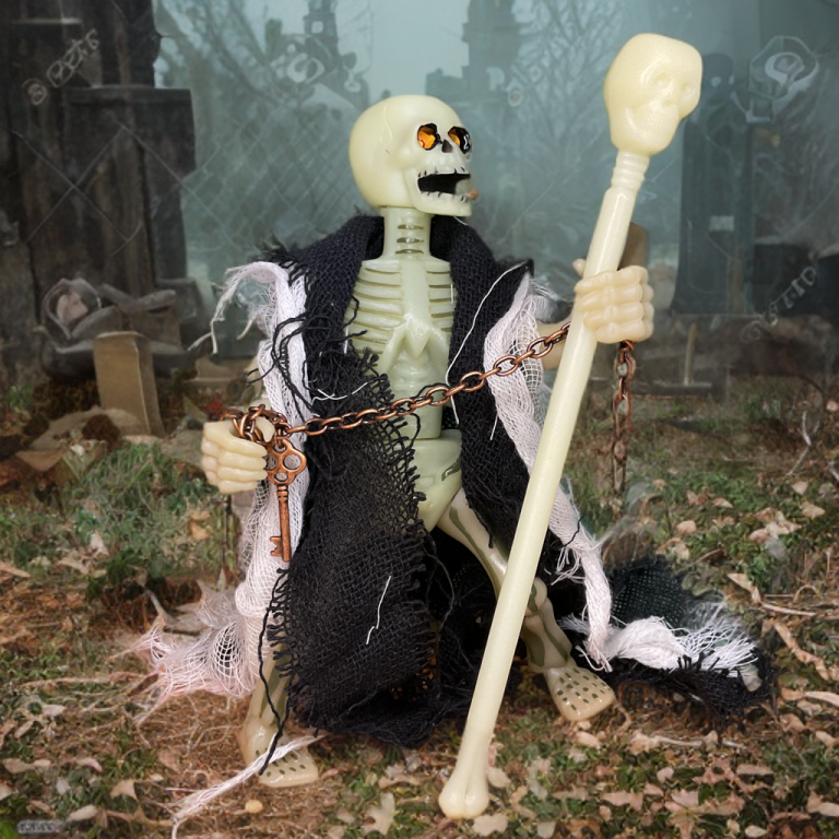 Archterrus, um esqueleto morto-vivo com uma mortalha brilhante, está em um santuário enevoado, com o cajado plantado, na sessão de fotos do Realm of the Underworld de 2025 da Zoloworld.