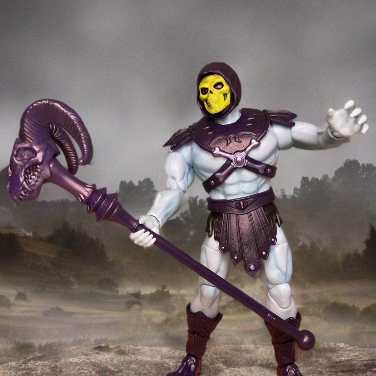 Masterverse Vintage Skeletor posed with Havoc Staff, standing 7 inches tall with purple harness and retro-inspired sculpt.