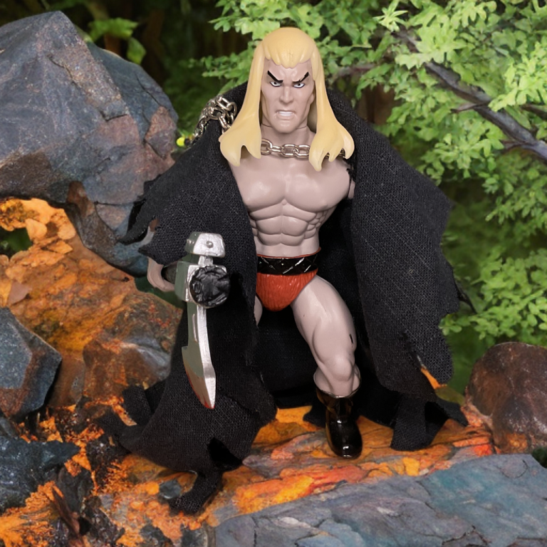 Nekrus the Stygian Barbarian in black cloak and axe, standing menacingly on rocky terrain with volcanic backdrop.