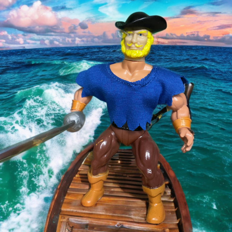 On a wooden raft cutting through emerald waves under a pastel sunset, Cutlass, a pirate with a black hat and yellow beard, thrusts forward in a tattered blue tunic. He wields a silver cutlass, with brown pants, orange boots, and orange cuffs, capturing dynamic motion.