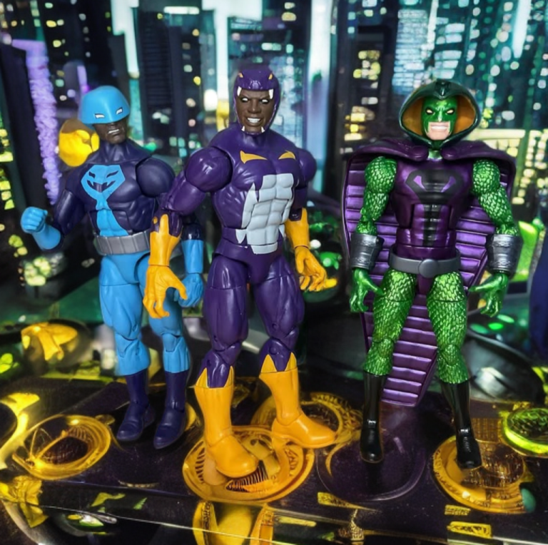 Rock Python, Cottonmouth, and Cobra, Serpent Society members in green outfits, standing menacingly in a high-tech criminal expo.