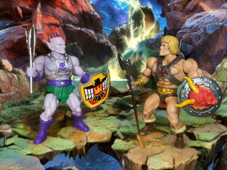 Intense stalemate on a jagged rocky outcrop: He-Man and Baltard locked in combat poses amid a swirling vortex of blue and purple magical energy.