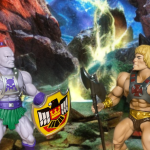 He-Man and Baltard in a fiery mystical scene.