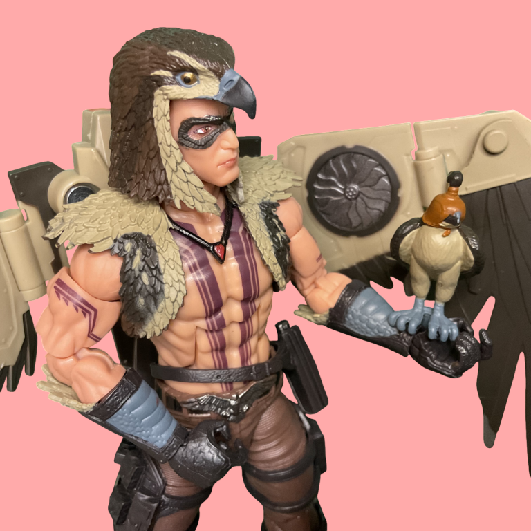 A G.I. Joe Classified Series #139 Chip "Raptor" Talon action figure, featuring a tattooed torso and black vest, with General Ledger perched on his gauntlet and the C-M2 Daedalus Jet Wing Pack extended, set against a neutral backdrop.